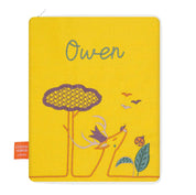 idee protege carnet de sante bebe, protege carnet de sante personnalise, theme daim, couleur jaune, tissus 100% coton oeko tex, cadeau de naissance personnalisé, cadeau de naissance original, design français, marque française, l'oiseau bateau, cadeau de noël bébé, cadeau de noël personnalisé