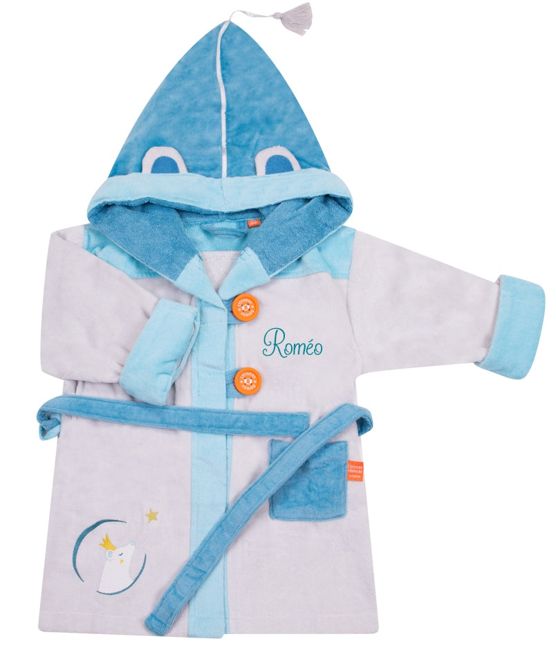 peignoir enfant, peignoir enfant personnalise, peignoir enfant brode, cadeau de naissance, peignoir 2 ans, peignoir 4 ans, peignoir eponge velours, peignoir brode, peignoir personnalise, cadeau personnalise, creation francaise, design francais, marque francaise, l'oiseau bateau, gris, theme ours