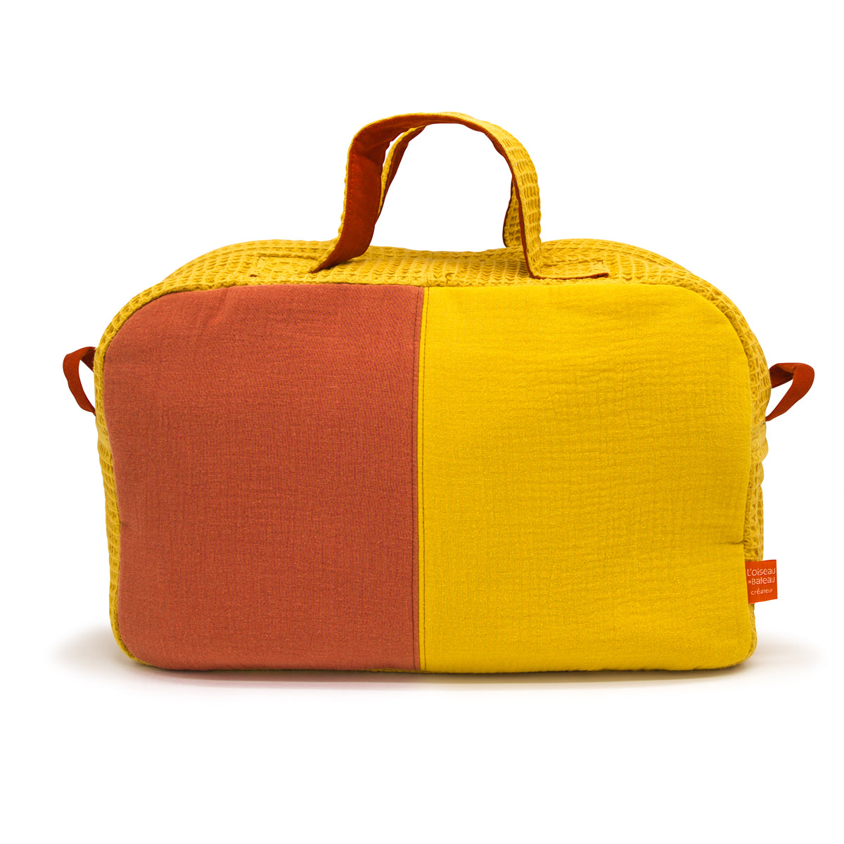 idee sac a langer bebe, sac a langer pratique, sac a langer gaze de coton, couleur brique, coton 100% oeko-tex, creation française, design français, marque française, l’oiseau bateau.