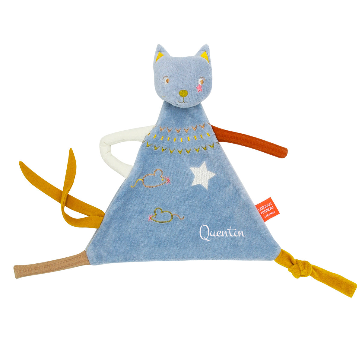 idée doudou bébé, doudou chat couleur bleu, doudou en velours, doudou bébé personnalisé, création française, marque française, l'oiseau bateau, coton 100% oeko-tex.