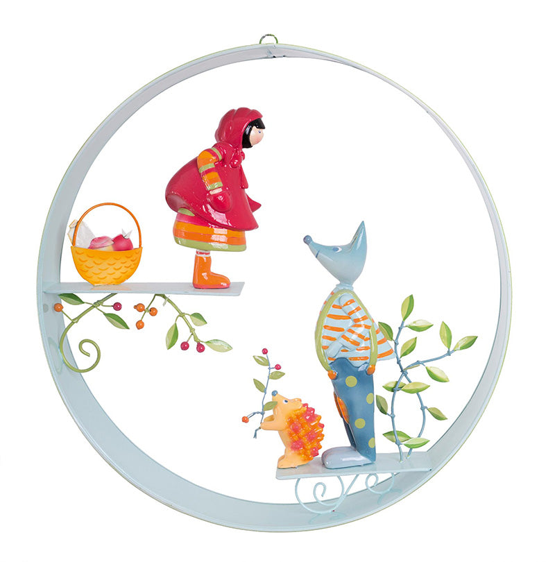 idee mobile en metal pour enfant, le loup et le chaperon rouge, mobile decoratif pour enfant, decoration de chambre d'enfant, mobile feerique, fabrication artisanale, peint a la main, creation française, marque française l'oiseau bateau, cadeau de naissance original