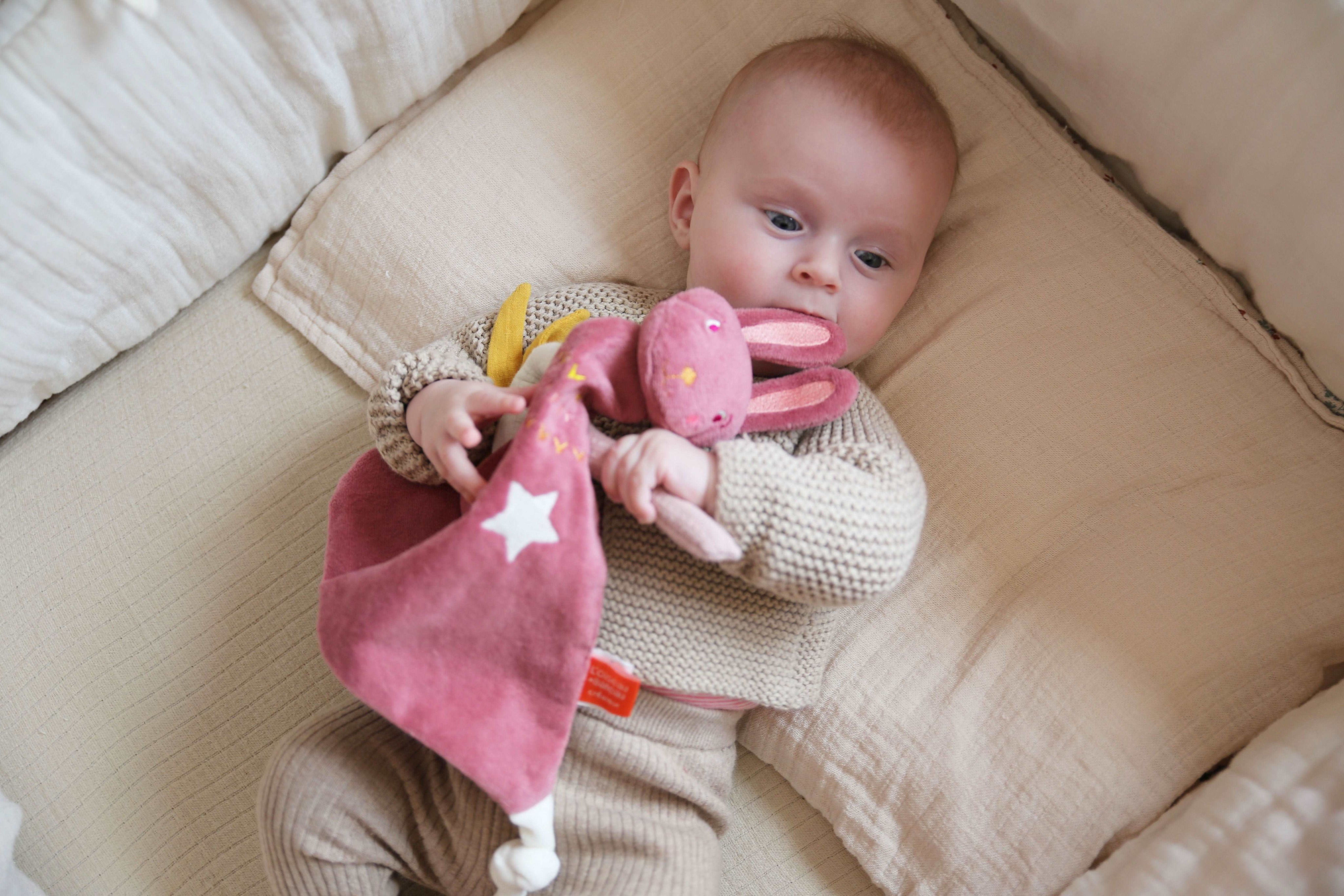 idée doudou bébé, doudou lapin couleur rose, doudou en velours, doudou bébé personnalisé, création française, marque française, l'oiseau bateau, coton 100% oeko-tex.