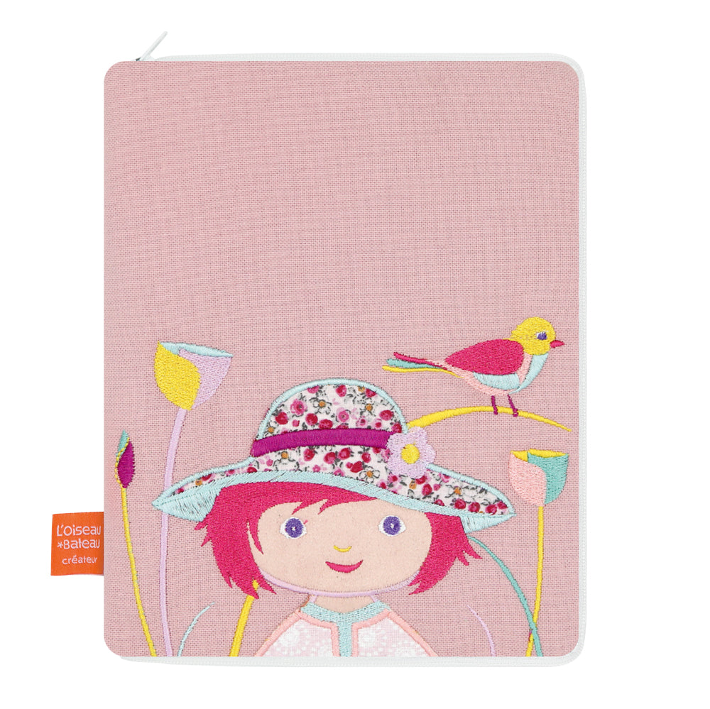 idee protege carnet de sante bebe, protege carnet de sante personnalise, theme fille a l'oiseau, couleur rose clair, tissus 100% coton oeko tex, cadeau de naissance personnalisé, cadeau de naissance original, design français, marque française, l'oiseau bateau.