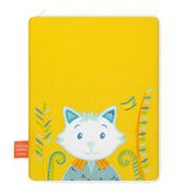 idee protege carnet de sante bebe, protege carnet de sante personnalise, theme chat botte, couleur jaune, tissus 100% coton oeko tex, cadeau de naissance personnalisé, cadeau de naissance original, design français, marque française, l'oiseau bateau.