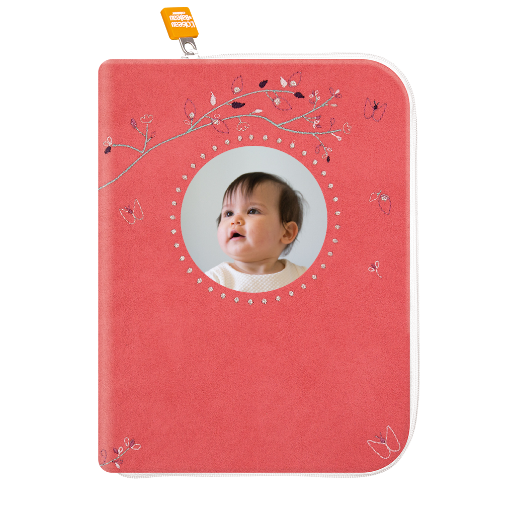 idee portege carnet de sante bebe, protege carnet de sante personnalise, , personnalisé avec photo, couleur rose, tissus 100% coton oeko tex, cadeau de naissance personnalisé, cadeau de naissance original, design français, marque française, l'oiseau bateau.