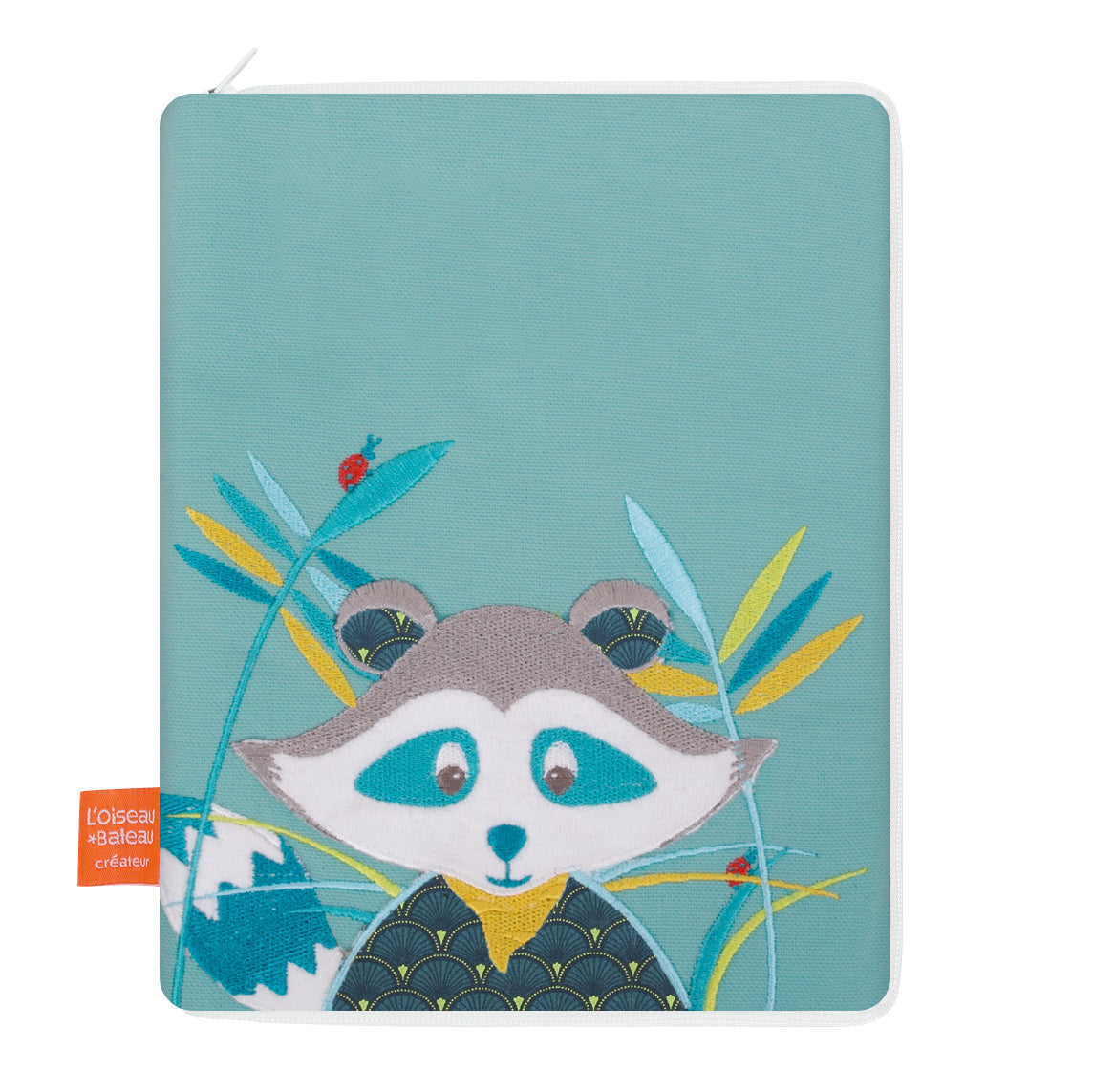 idee protege carnet de sante bebe, protege carnet de sante personnalise, theme raton laveur, couleur bleu, tissus 100% coton oeko tex, cadeau de naissance personnalisé, cadeau de naissance original, design français, marque française, l'oiseau bateau.