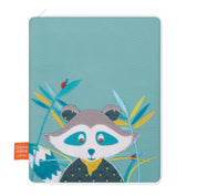 idee protege carnet de sante bebe, protege carnet de sante personnalise, theme raton laveur, couleur bleu, tissus 100% coton oeko tex, cadeau de naissance personnalisé, cadeau de naissance original, design français, marque française, l'oiseau bateau.