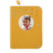 idee portege carnet de sante bebe, protege carnet de sante personnalise, , personnalisé avec photo, couleur jaune or, tissus 100% coton oeko tex, cadeau de naissance personnalisé, cadeau de naissance original, design français, marque française, l'oiseau bateau.