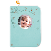 idee portege carnet de sante bebe, protege carnet de sante personnalise, , personnalisé avec photo, couleur bleu turquoise, tissus 100% coton oeko tex, cadeau de naissance personnalisé, cadeau de naissance original, design français, marque française, l'oiseau bateau.