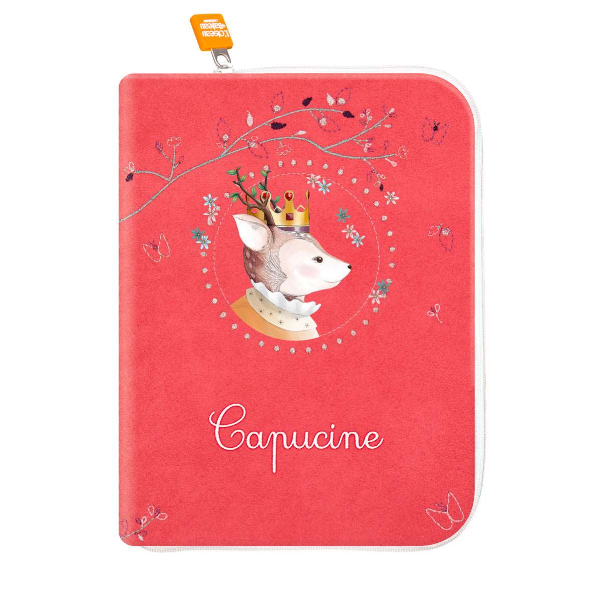 idee protege carnet de sante bebe, protege carnet de sante personnalise, theme daim, couleur rose, tissus 100% coton oeko tex, cadeau de naissance personnalisé, cadeau de naissance original, design français, marque française, l'oiseau bateau.