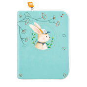 idee protege carnet de sante bebe, protege carnet de sante personnalise, theme lapin avec une casquette, couleur bleu azur, tissus 100% coton oeko tex, cadeau de naissance personnalisé, cadeau de naissance original, design français, marque française, l'oiseau bateau.