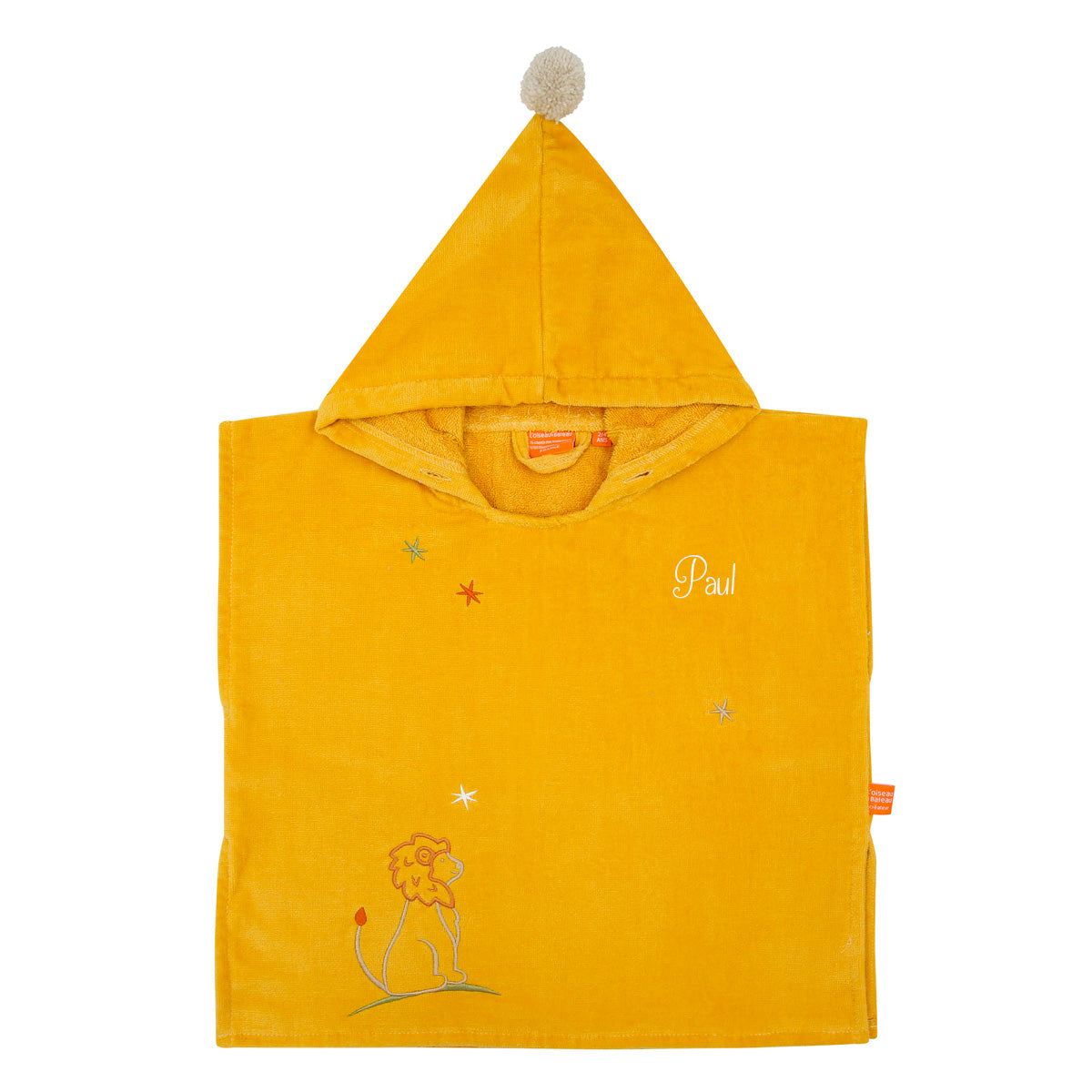 Cape de bain bebe, cape de bain enfant, cape de bain  personnalisee bebe, cape de bain personnalisee enfant,cadeau de naissance, cadeau de naissance personnalise, carre de bain bebe, carre de bain enfant, poncho de bain bebe, poncho de bain enfant, creation française, design français, marque française, l'oiseau bateau, cape de bain jaune, theme lion