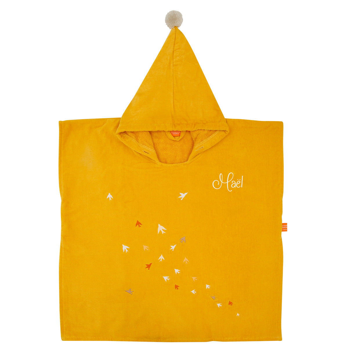 Cape de bain bebe, cape de bain enfant, cape de bain  personnalisee bebe, cape de bain personnalisee enfant,cadeau de naissance, cadeau de naissance personnalise, carre de bain bebe, carre de bain enfant, poncho de bain bebe, poncho de bain enfant, creation française, design français, marque française, l'oiseau bateau, cape de bain jaune, theme oiseau