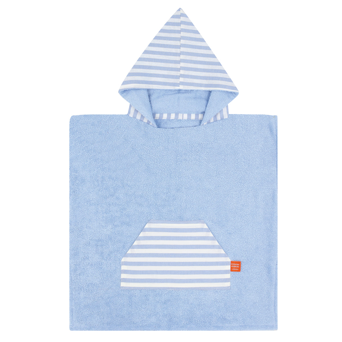 Cape de bain bebe, cape de bain enfant, cape de bain  personnalisee bebe, cape de bain personnalisee enfant,cadeau de naissance, cadeau de naissance personnalise, carre de bain bebe, carre de bain enfant, poncho de bain bebe, poncho de bain enfant, creation française, design français, marque française, l'oiseau bateau, poncho raye, poncho enfant surfeur, poncho cote ouest, made in france, fabrique en france, fabrication artisanale, poncho bleu clair