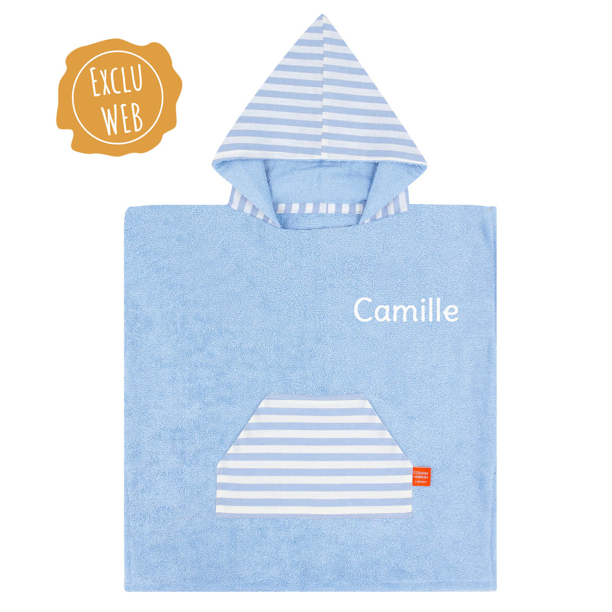 Cape de bain bebe, cape de bain enfant, cape de bain  personnalisee bebe, cape de bain personnalisee enfant,cadeau de naissance, cadeau de naissance personnalise, carre de bain bebe, carre de bain enfant, poncho de bain bebe, poncho de bain enfant, creation française, design français, marque française, l'oiseau bateau, poncho raye, poncho enfant surfeur, poncho cote ouest, made in france, fabrique en france, fabrication artisanale, poncho bleu clair