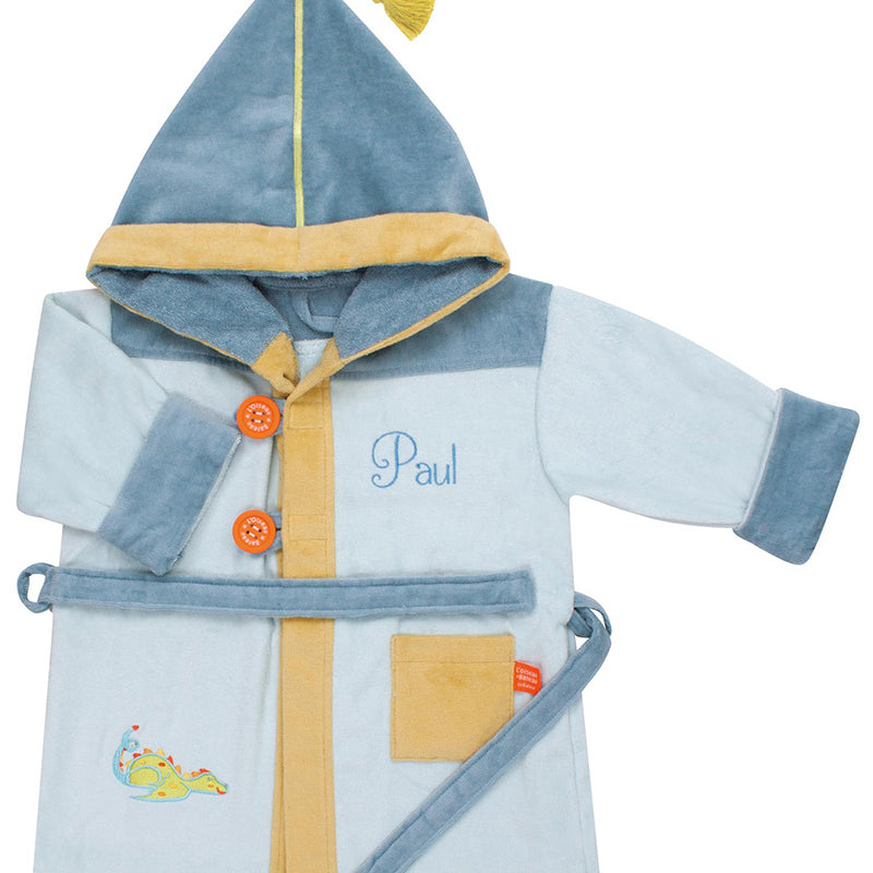 peignoir enfant, peignoir enfant personnalise, peignoir enfant brode, cadeau de naissance, peignoir 2 ans, peignoir 4 ans, peignoir eponge velours, peignoir brode, peignoir personnalise, cadeau personnalise, creation francaise, design francais, marque francaise, l'oiseau bateau, bleu, theme dragon