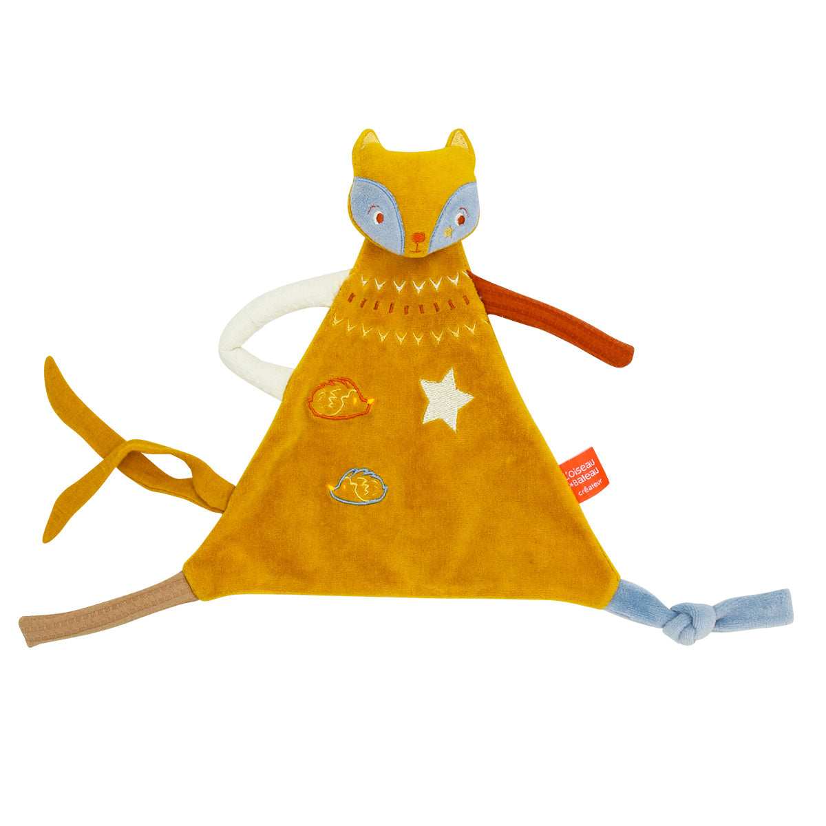 idée doudou bébé, doudou renard couleur jaune, doudou en velours, doudou bébé personnalisé, création française, marque française, l'oiseau bateau, coton 100% oeko-tex.