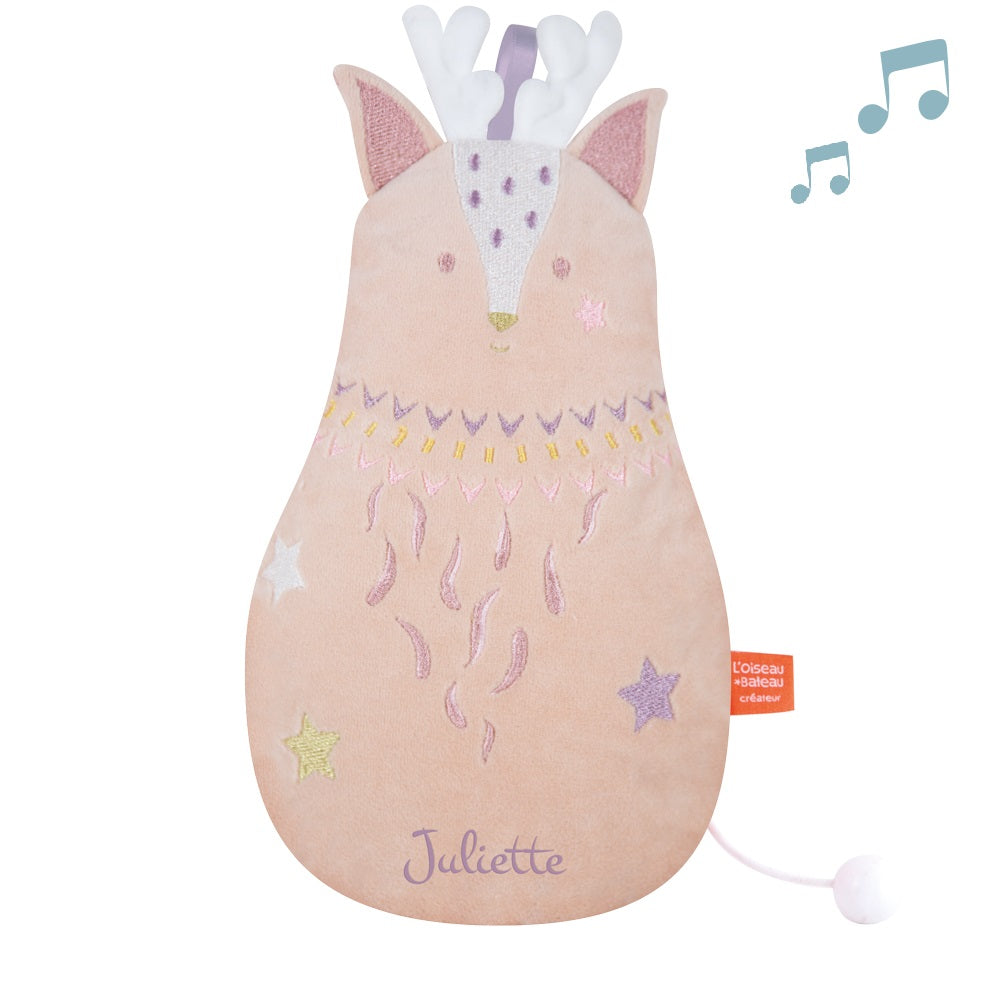 idée doudou musical bébé, doudou musical daim couleur rose pale, doudou en velours, doudou bébé personnalisé, création française, marque française, l'oiseau bateau, coton 100% oeko-tex.