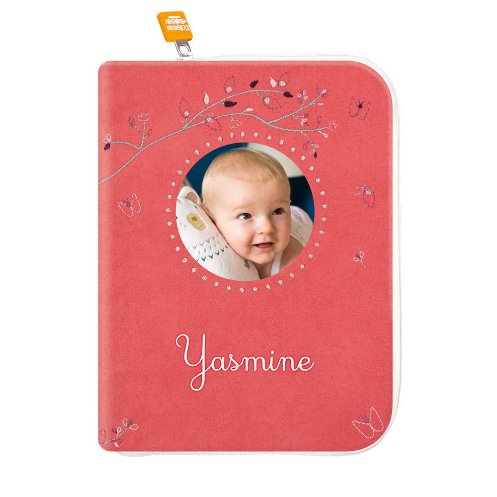 idee portege carnet de sante bebe, protege carnet de sante personnalise, , personnalisé avec photo, couleur rose, tissus 100% coton oeko tex, cadeau de naissance personnalisé, cadeau de naissance original, design français, marque française, l'oiseau bateau.