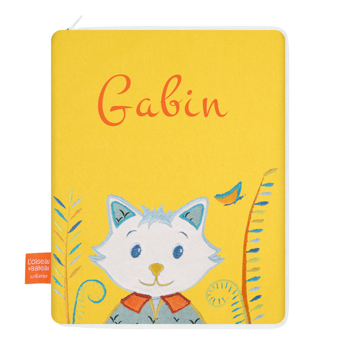 idee protege carnet de sante bebe, protege carnet de sante personnalise, theme chat botte, couleur jaune, tissus 100% coton oeko tex, cadeau de naissance personnalisé, cadeau de naissance original, design français, marque française, l'oiseau bateau.