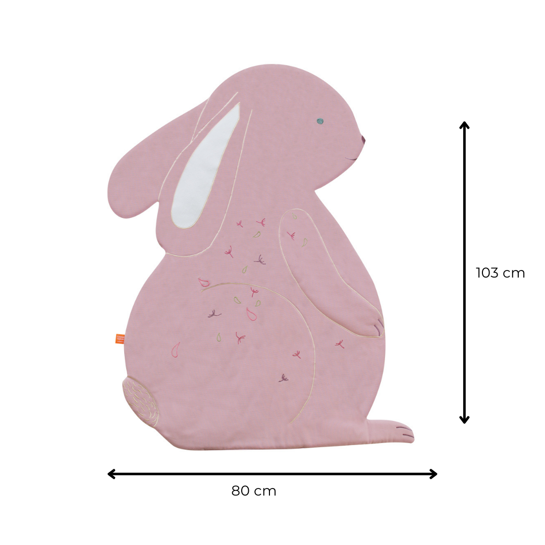 idee tapis d’éveil bebe, tapis en tissu, tapis lapin rose, coton 100% Oeko-tex, idee cadeau de naissance, decoration chambre bebe, decoration chambre enfant, design français, création française, marque française, l’oiseau bateau. 